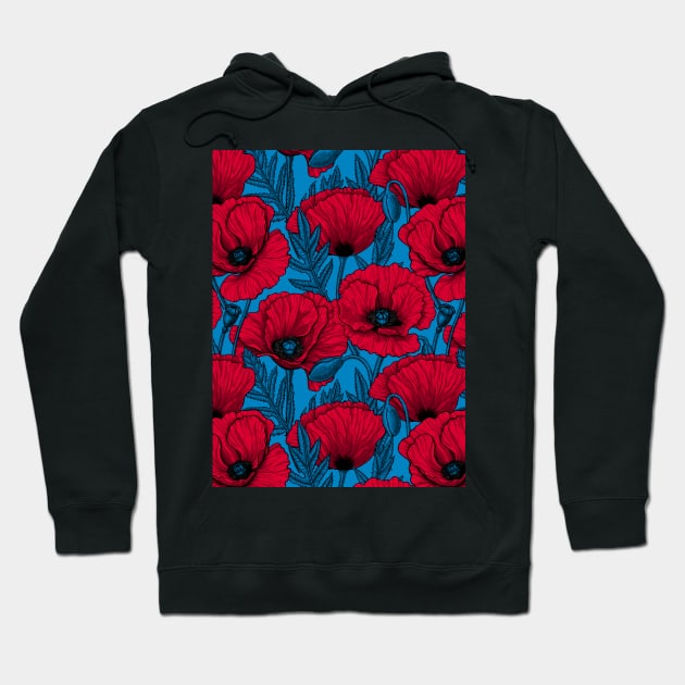 Red poppy garden on blue Hoodie by katerinamk